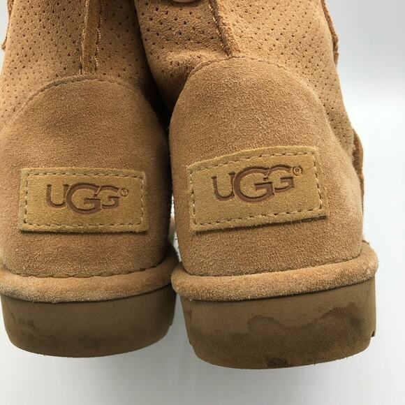 UGG Suede Mini Ankle Chesnut Slip On Boots Womens 7 Snow Winter Tan Cabincore - Picture 4 of 7